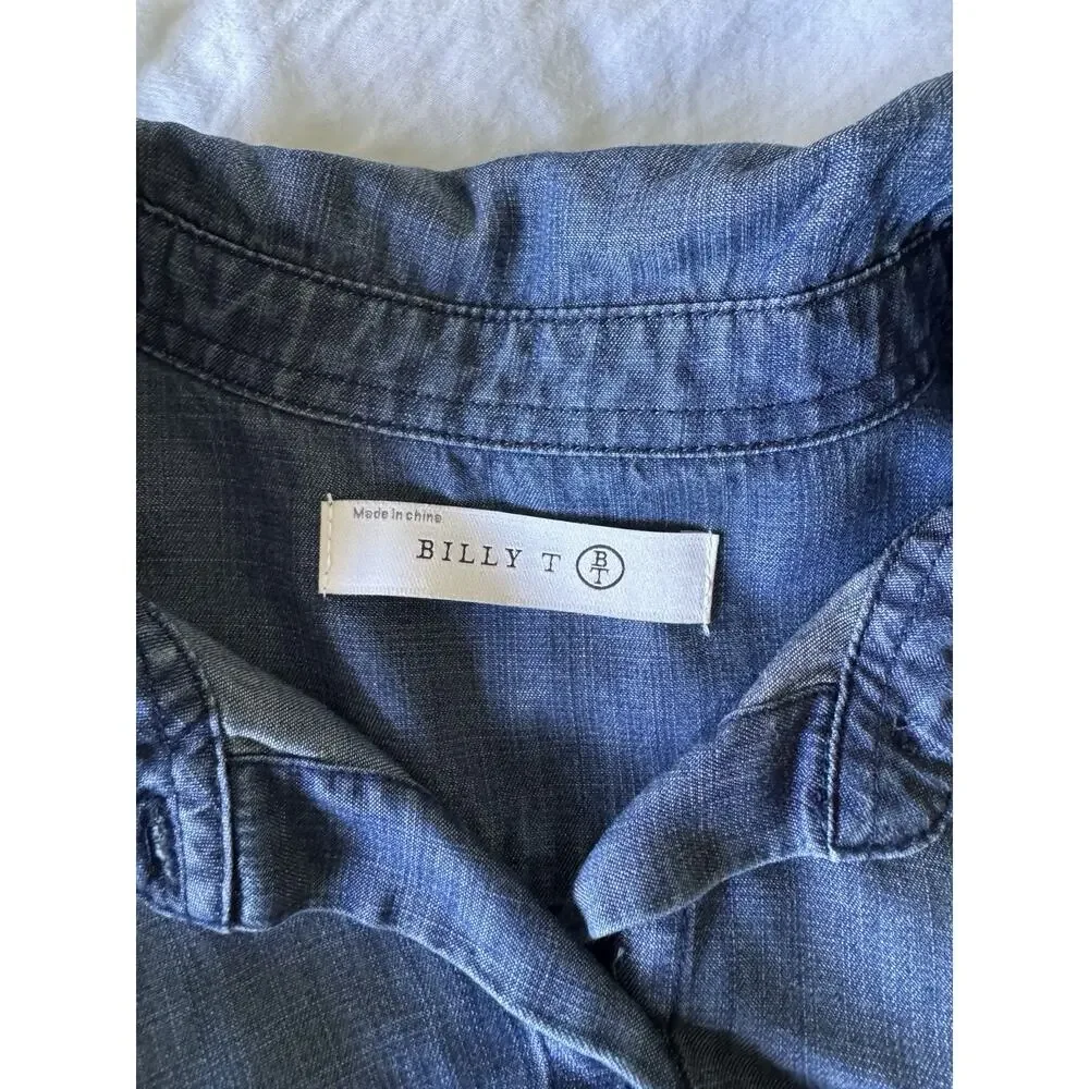 Billy T Women’s Denim Button Up Puff Sleeve Blouse Size Small Boho Chic Casual - Picture 4 of 10